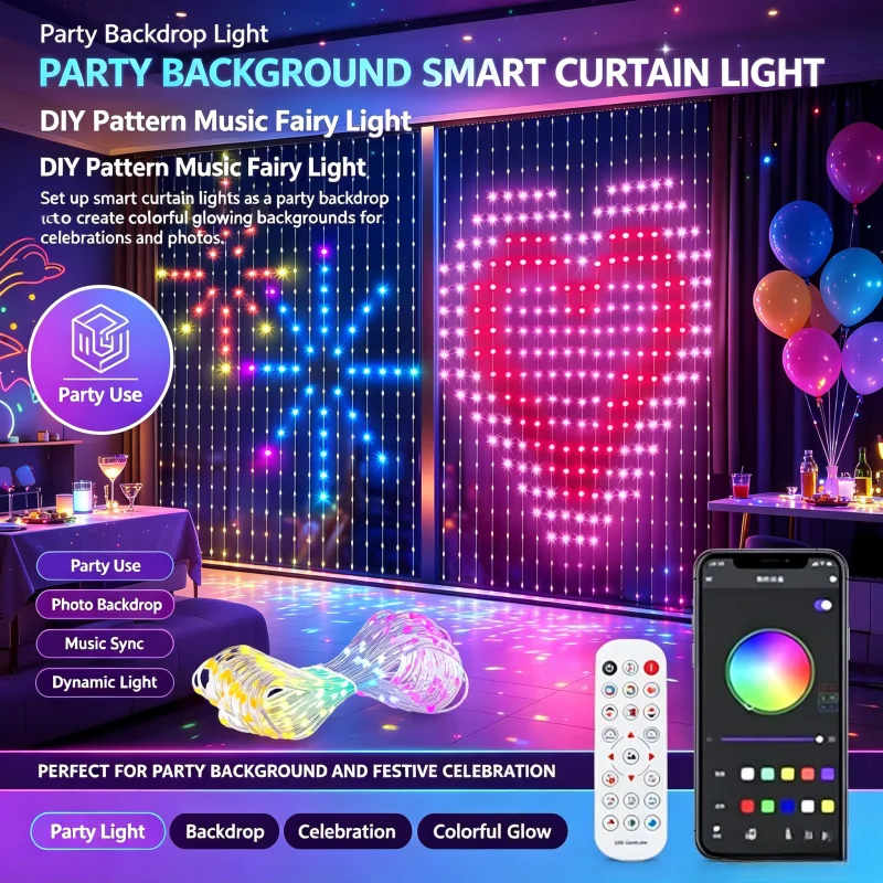 DIY Pattern Smart Curtain Light Remote Bluetooth Bedroom Style USB Hanging Backdrop Lamp Wedding Birthday Festival Decor