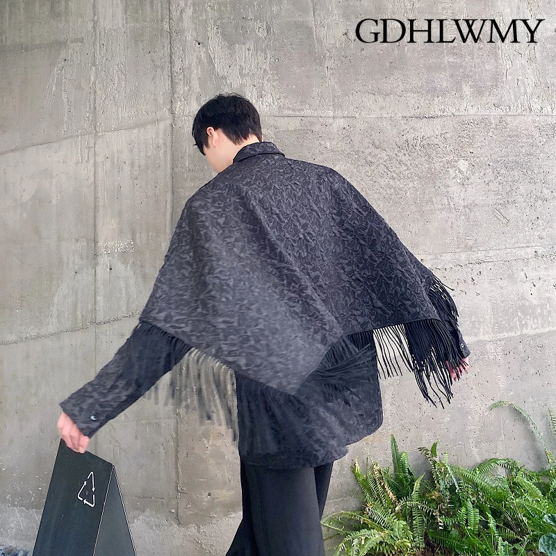 

GDHLWMY Autumn New Jacquard Tassel Cloak Flip Collar Personalized Black Party Loose Long Sleeve Shirt