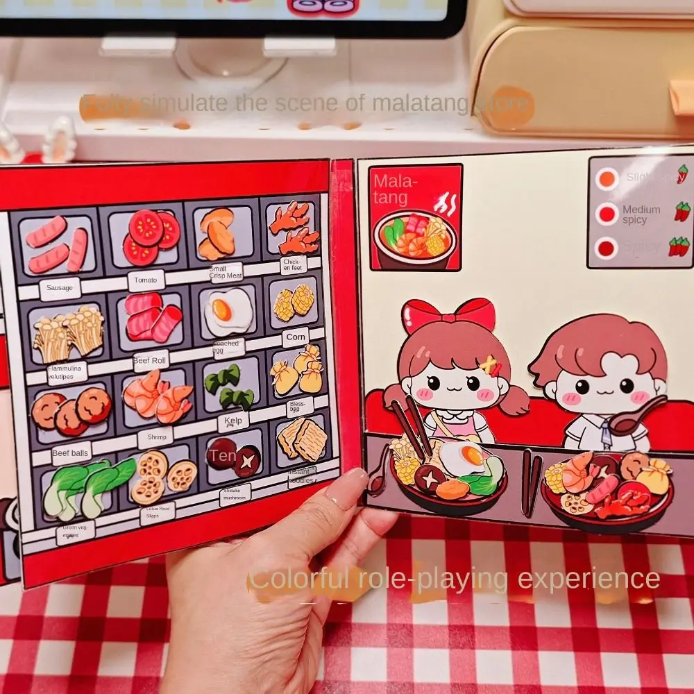 เผ็ดหม้อร้อนสติกเกอร์เกม Quiet Book Quiet Book DIY ทําด้วยมือ DIY ของเล่น 3D Snack Shop DIY วัสดุ 3D หนังสือเด็กของเล่นเด็ก