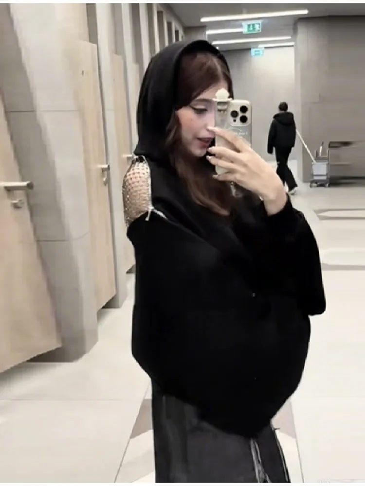 カジュアルシックなファッションフード付きスウェットシャツ背中の開いたデザイナートレンド女性トップススタイリッシュな秋クールクラシックスポーツ婦人服