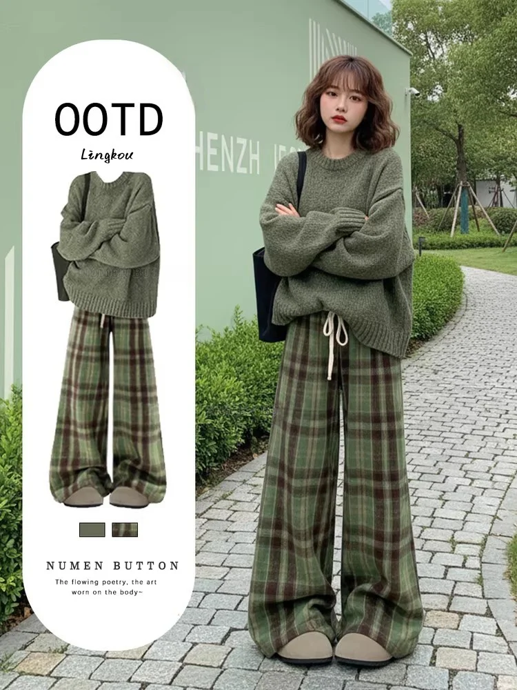 

Slimming Knitted Sweater And Plaid Casual Pants Two-Piece Set for Women Vintage Sle Autumn Winter Anti-Aging Fre And l