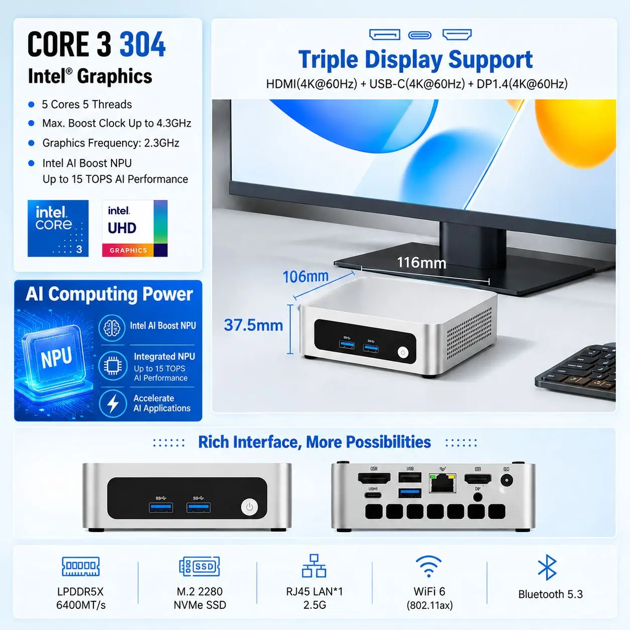 SZBOX Intel Core 3 304 Mini PC LPDDR5X 12GB 2*M.2 SSD Windows 11 Pro 2.5G LAN WiFi6 BT5.3 Desktop Office MINI PC Gamer Computer