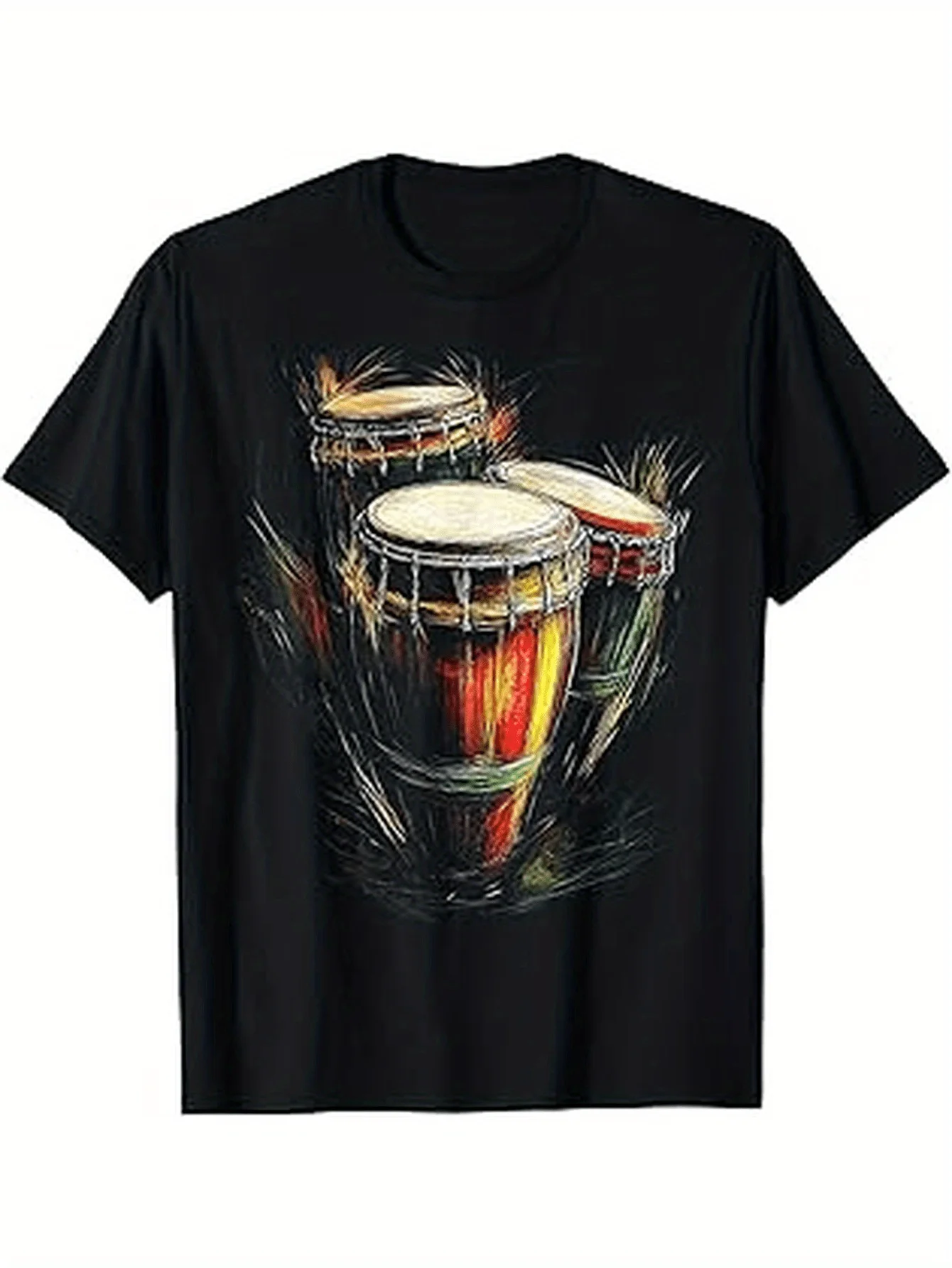 Мужская повседневная футболка с принтом Conga Drum — черная с коротким рукавом, круглым вырезом, легкая и дышащая ткань, идеально подходит для меломана