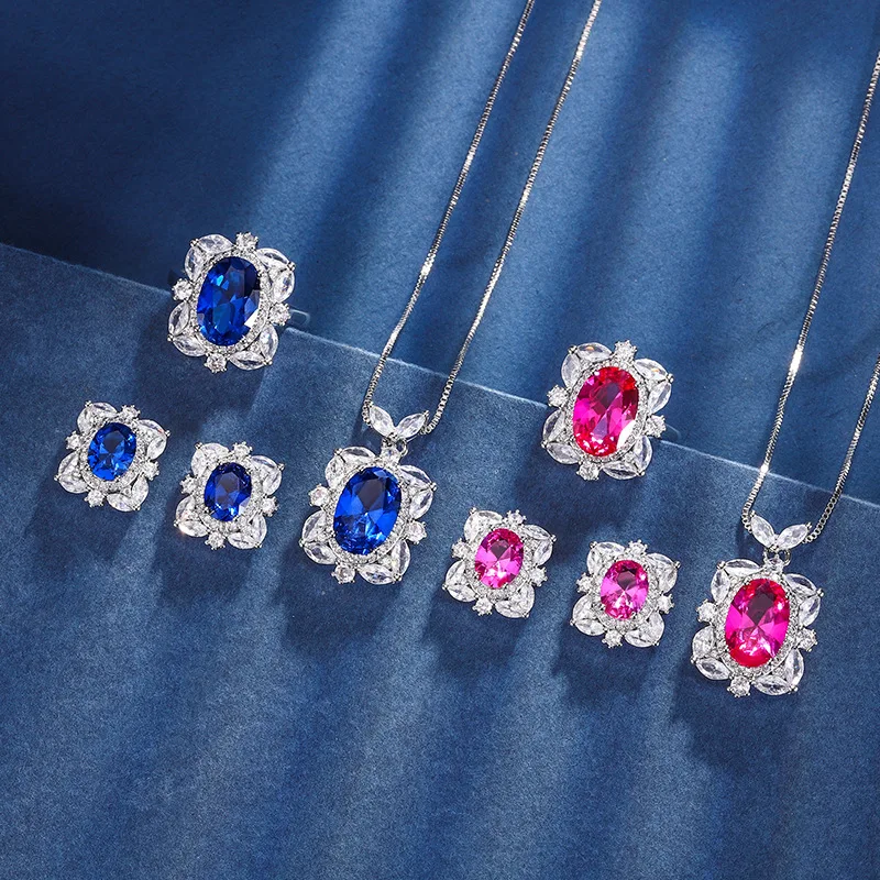 Jewelry with copper base gold plating, featuring colored gemstones and corundum, elegant set for women, main stone size