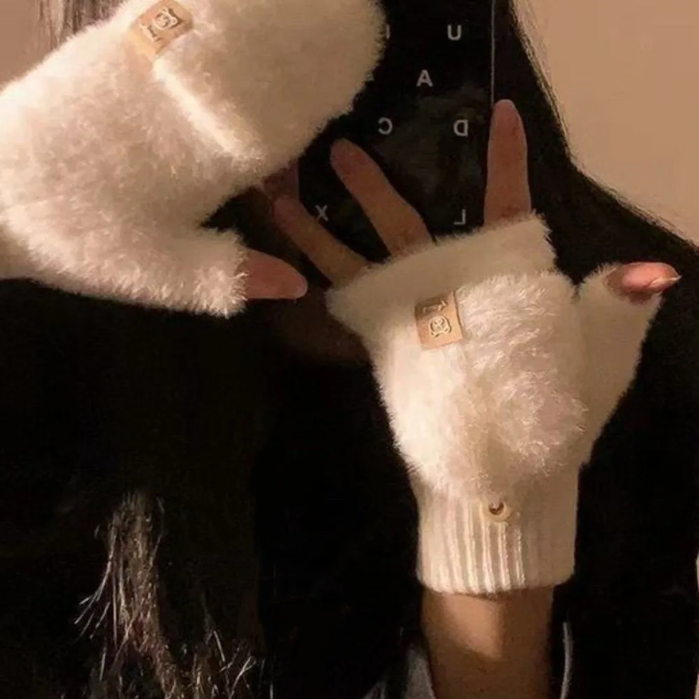 Thermal Soft Plush Flip Cover Gloves Fuzzy Warm Half Finger Gloves Cartoon Touch Screen Convertible Mittens Student