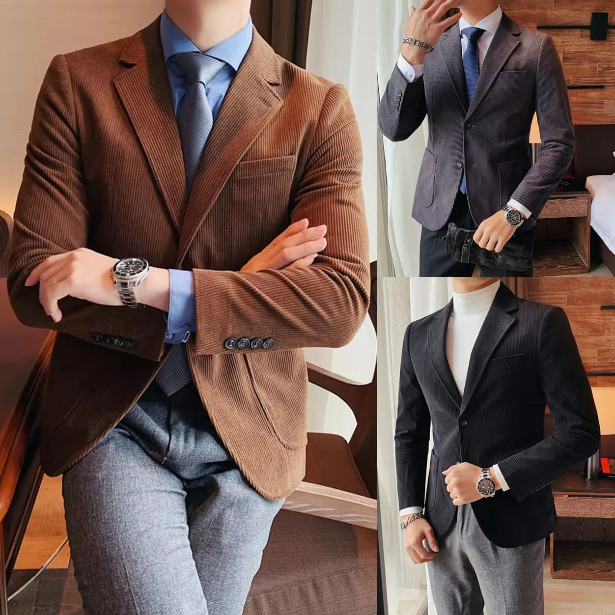 

2025 High Quality Fashion Handsome Trend Business Matching Corduroy Suit 1 Piece Jacket Men Slim Fashion Casual Handsome Suit