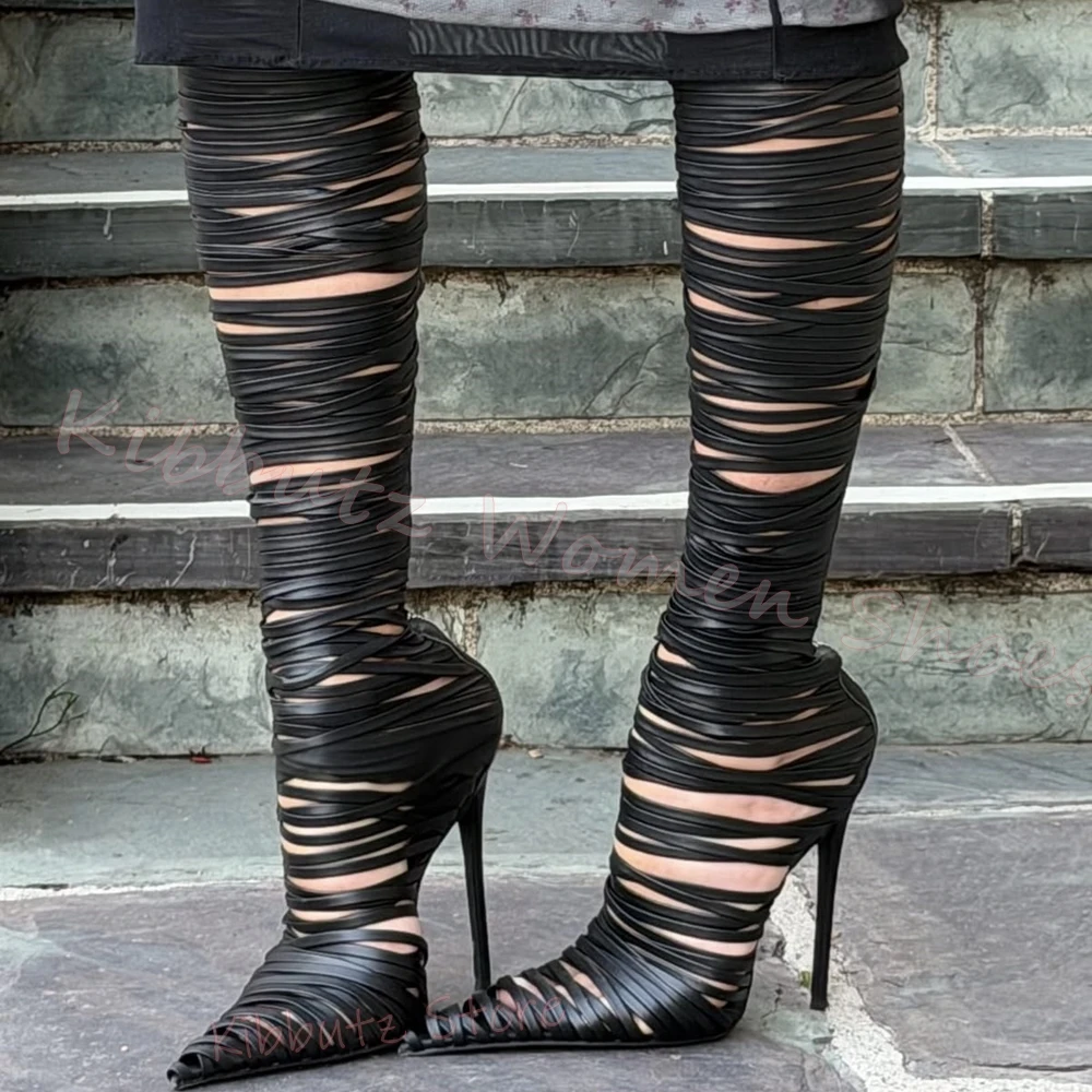 스트랩 디자인의 허벅지까지 오는 부츠, 포인티드 토 스 - Women'S Fashion Edgy 리뷰 및 가격