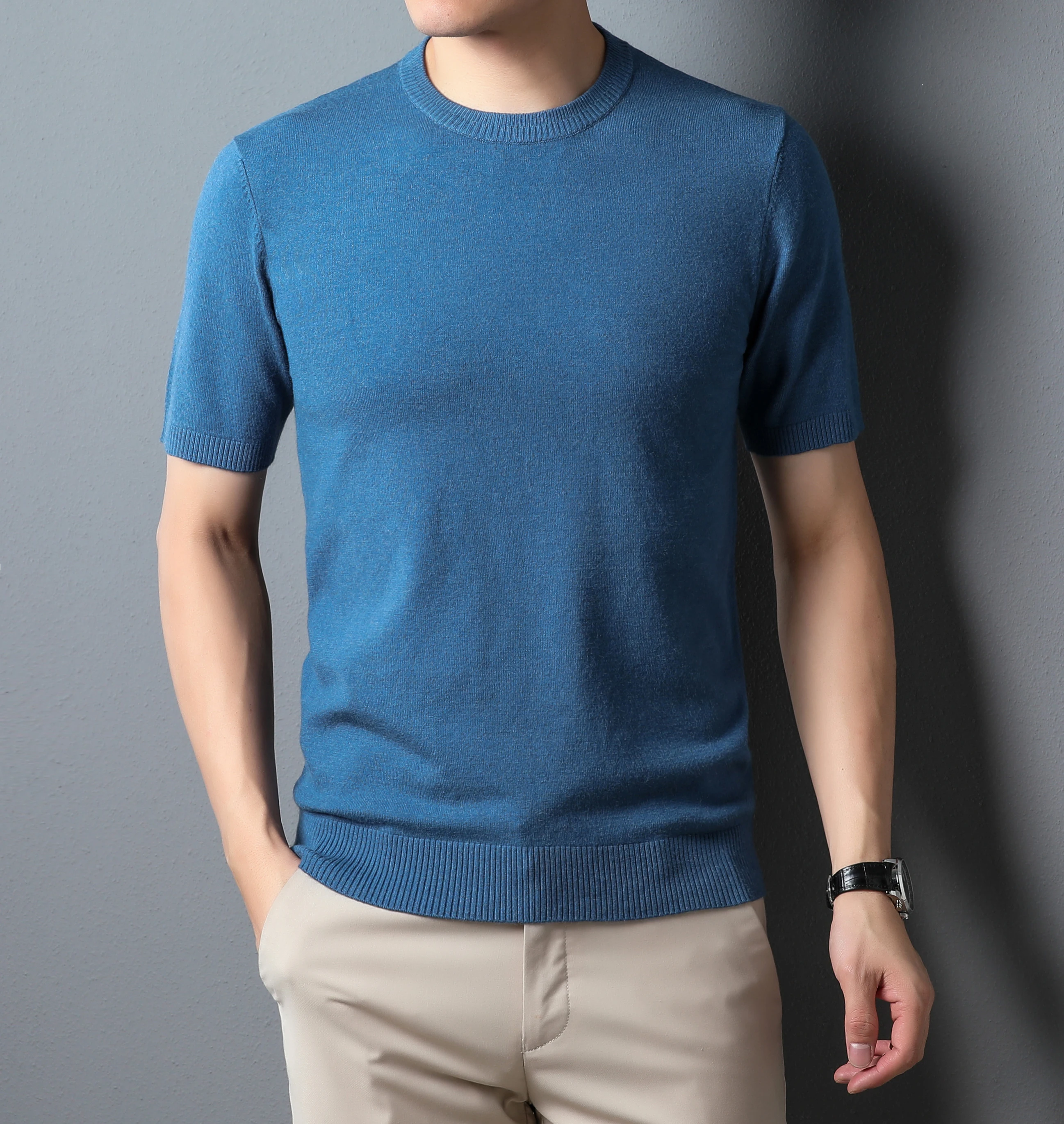 

Mens Knit Tee Tops Spring & Autumn Casual Round Neck Knit T shirts Male Slim Fit Short Sleeve Knitwear Pullover Knit Clothing