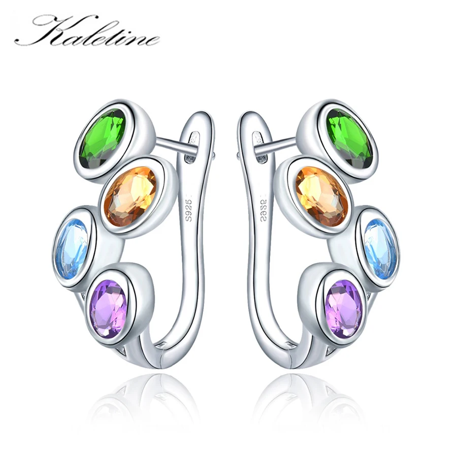 KALETINE Hutang Colorful Gemstone Hoop Earrings 925 Sterling Silver Blue Zircon Topaz English Lock Jewelry for Women Earrings