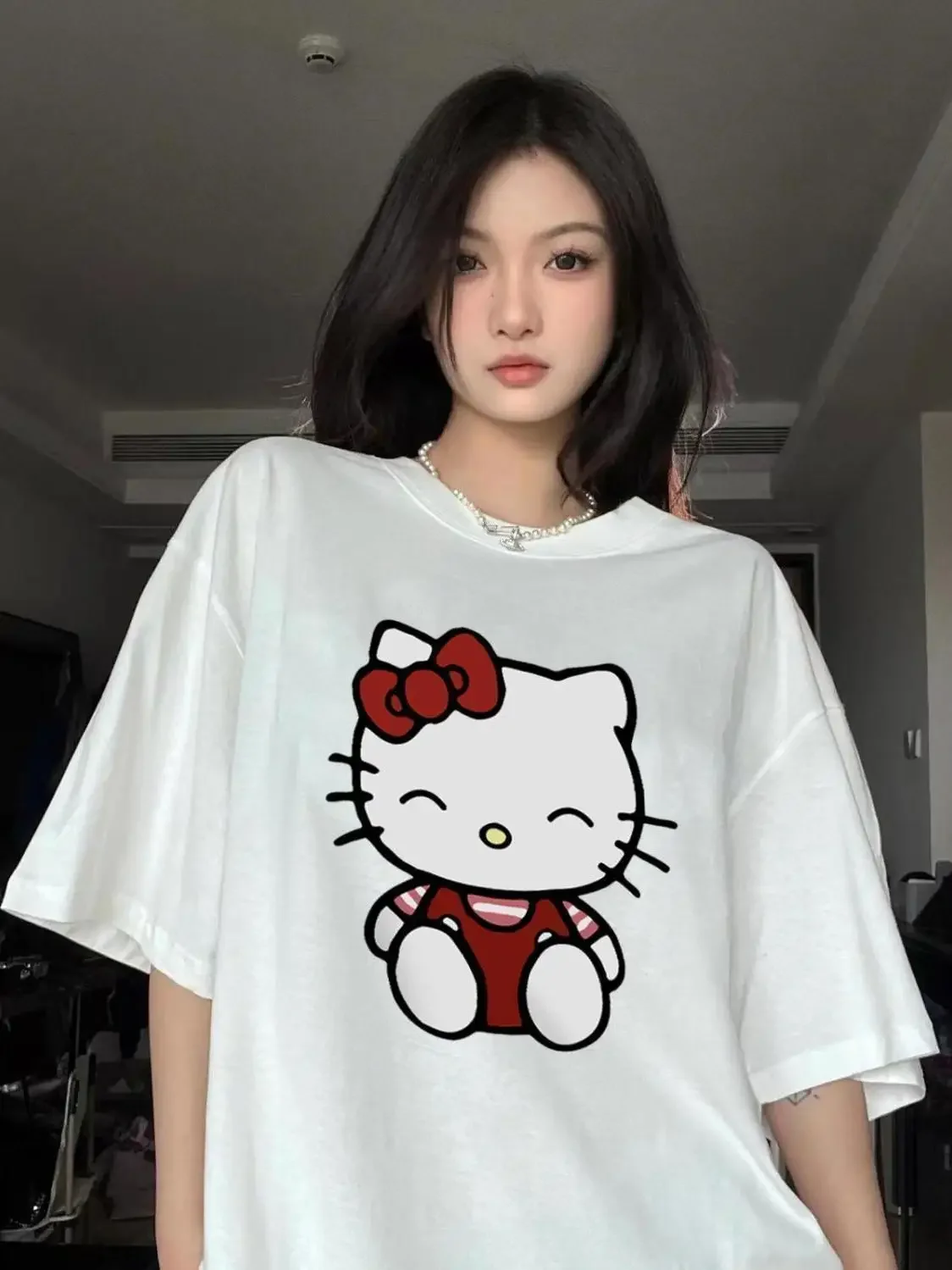 

Plus Size Cute Kitty Cat Printed Short Sleeved T-shirt for Women, Loose and Lazy Summer Ins Age Reducing Top Women's Trendy