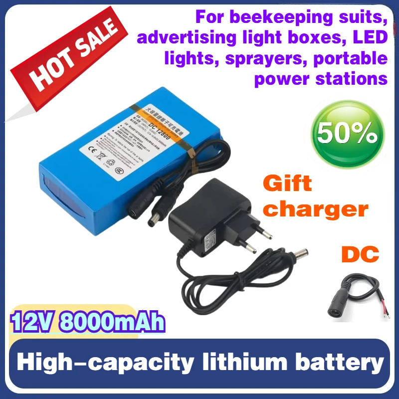 12V 8000mAh High-capacity Polymer Rechargeable Lithium Battery+Charger for Street Light Instrument LED Standby Power Cell