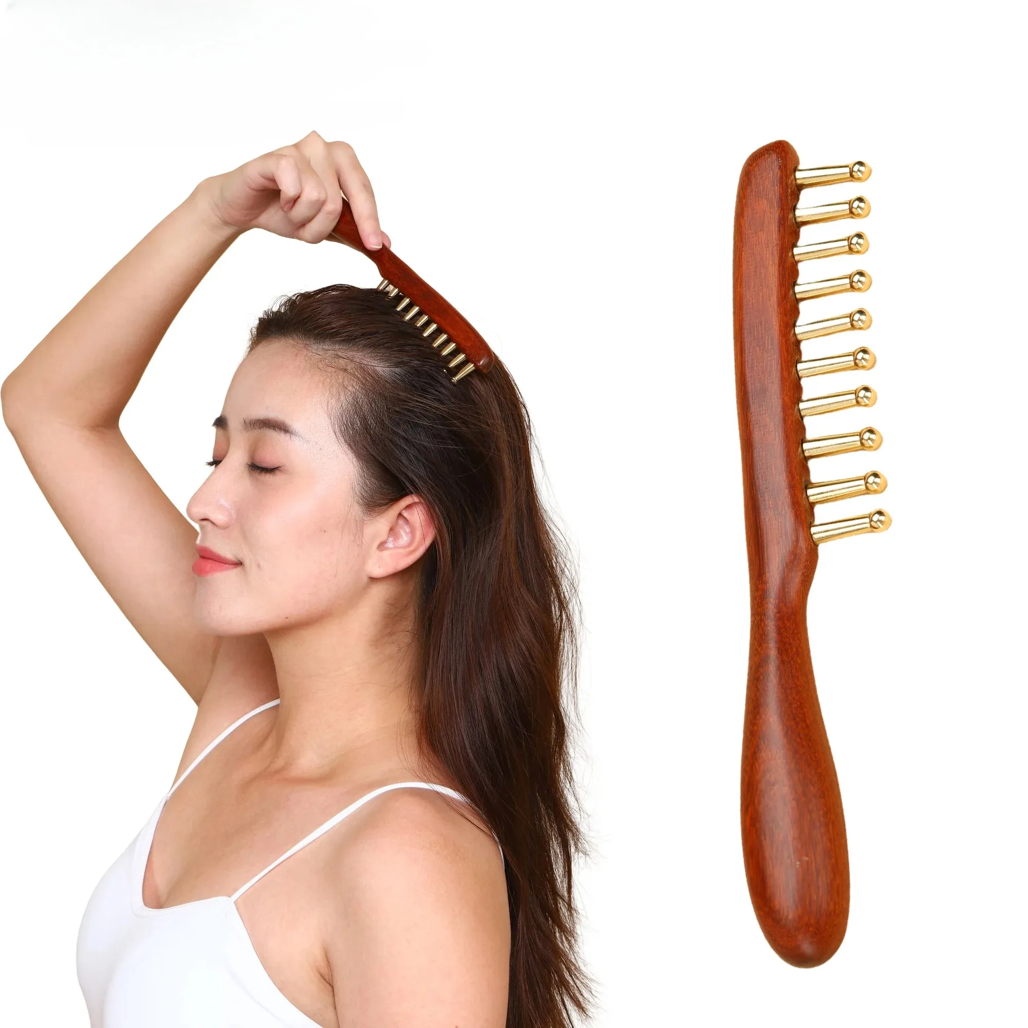 

10-Teeth Copper & Wood Massager Comb for Head Meridian Therapy and Relaxation