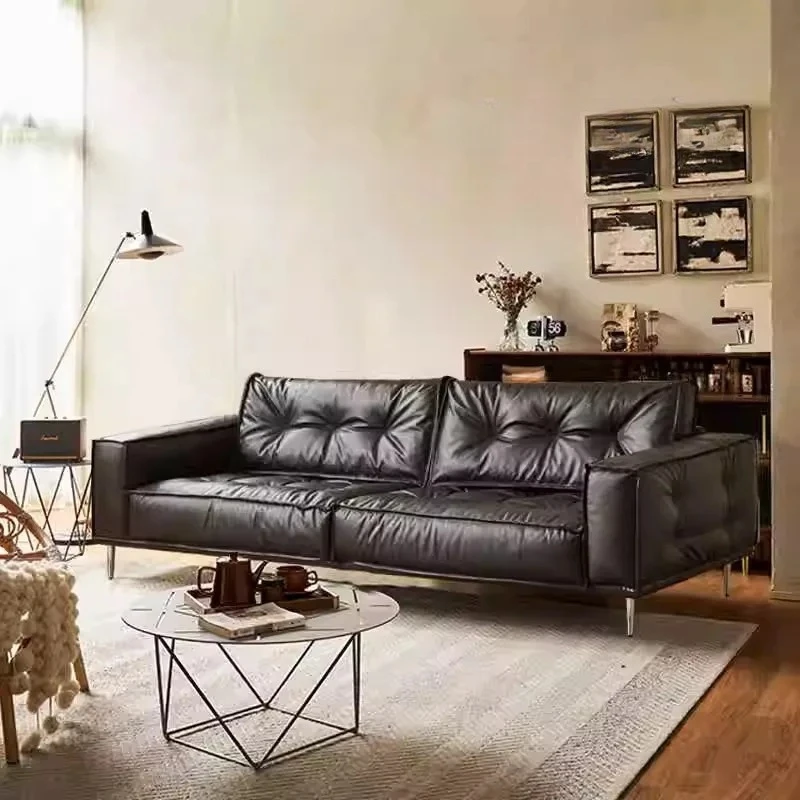 Medieval oil wax retro leather sofa first layer cowhide living room small apartment designer French sofa combination