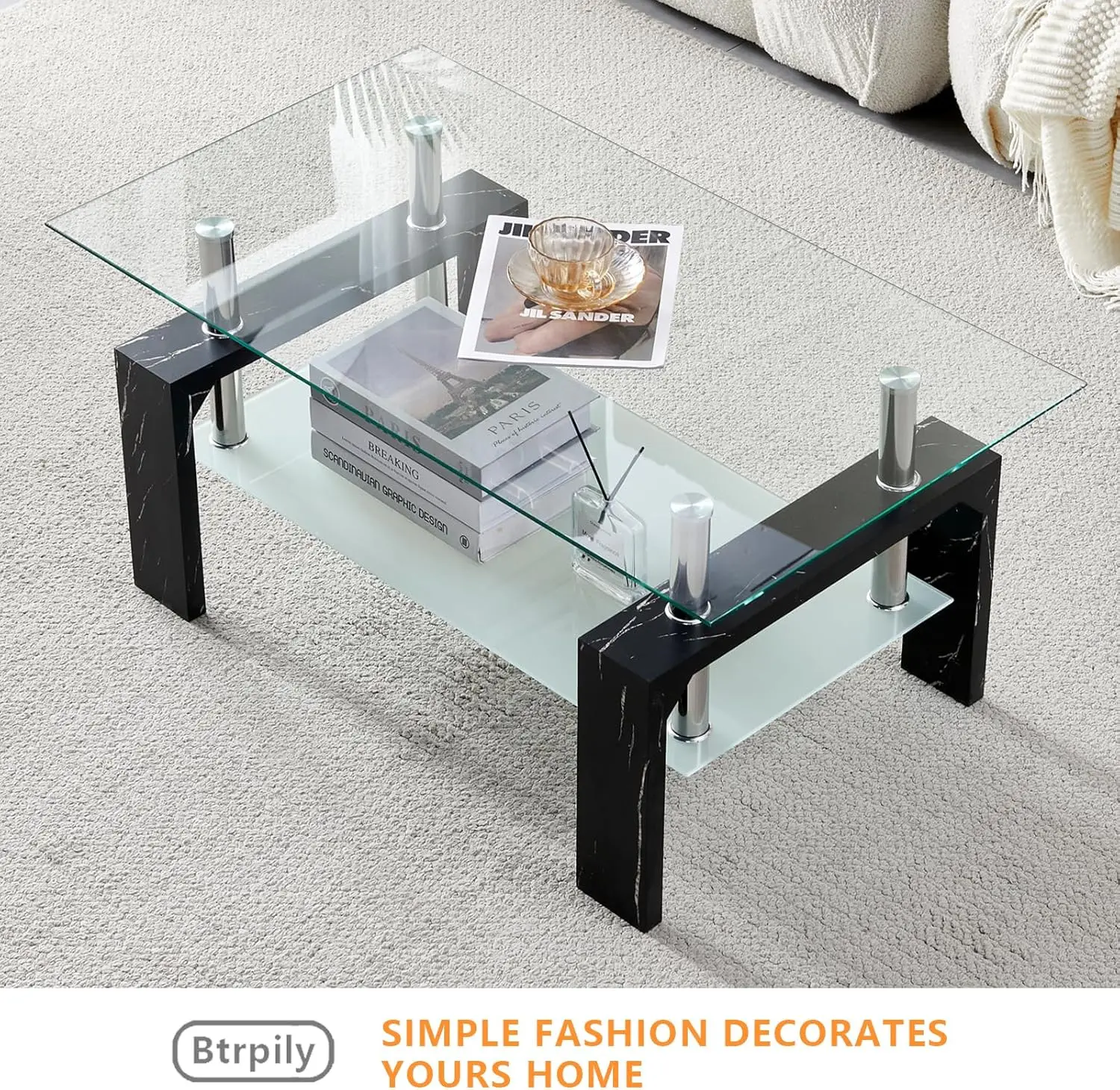 Living Room Rectangle Coffee Table, Tea Table Suitable For Waiting Room, Modern Side Coffee Table With Wooden Leg, Glass
