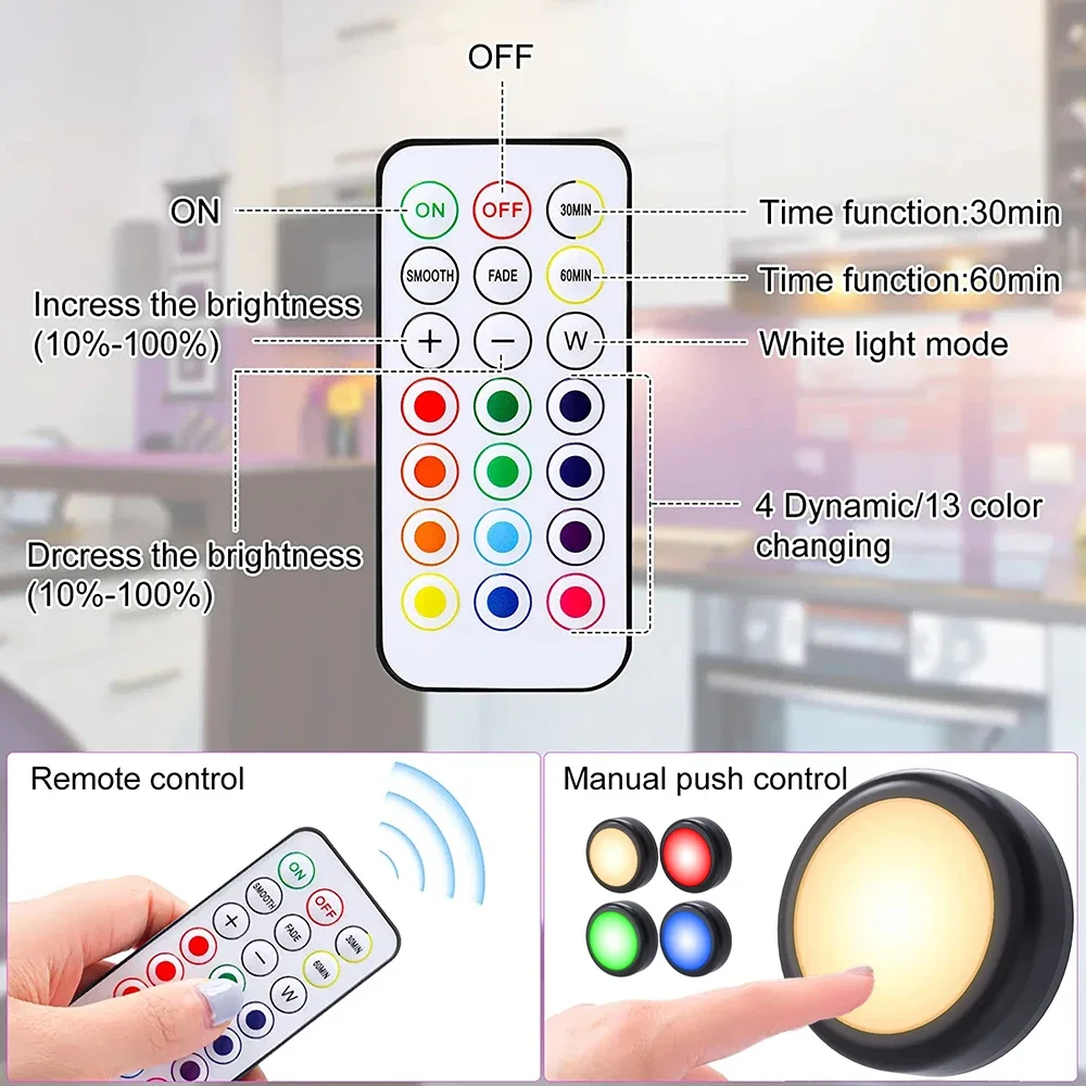 1-6Pcs RGBW LED Puck Night Lights Remote Control Dimmable Under Cabinet Light Battery Operated Wireless Push Lamp Kitchen Closet