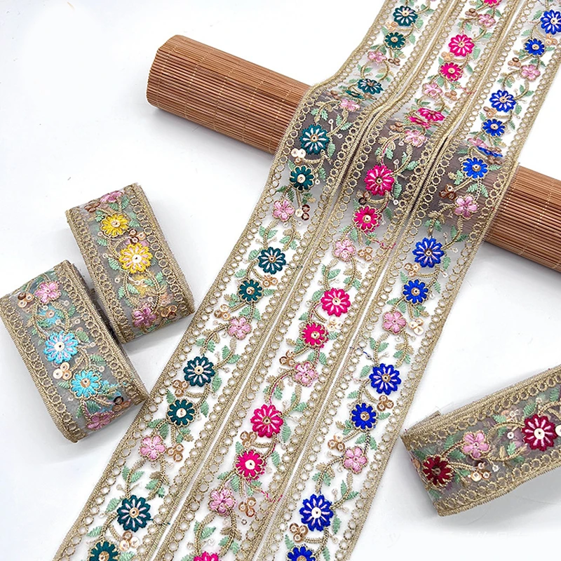 5yards 4cm Embroidered Flower Ribbon, Ethnic Lace Trimming  for DIY Sewing Clothes, Bag Accessories Curtain/Tablecloth Decor