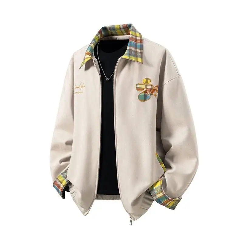 

Suede Embroidered New Autumn Men's Jacket Fashionable Trendy Brand Contrasting Plaid Lapel Coat