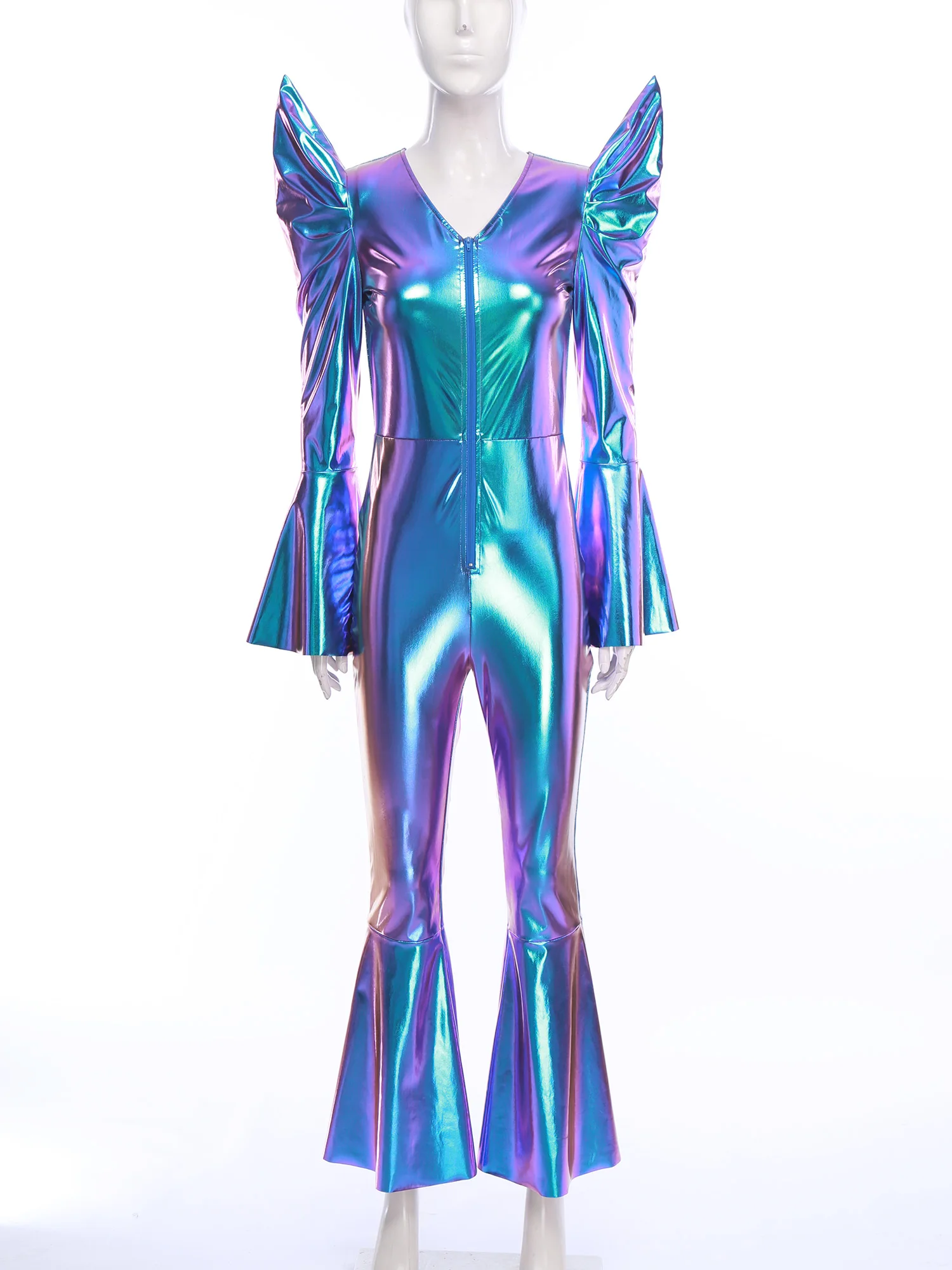 

Femme Hippie Romper Women Vintage 70s Disco Outfit Shiny Retro Clubwear Festival Halloween Masquerade Costume Metallic Jumpsuit