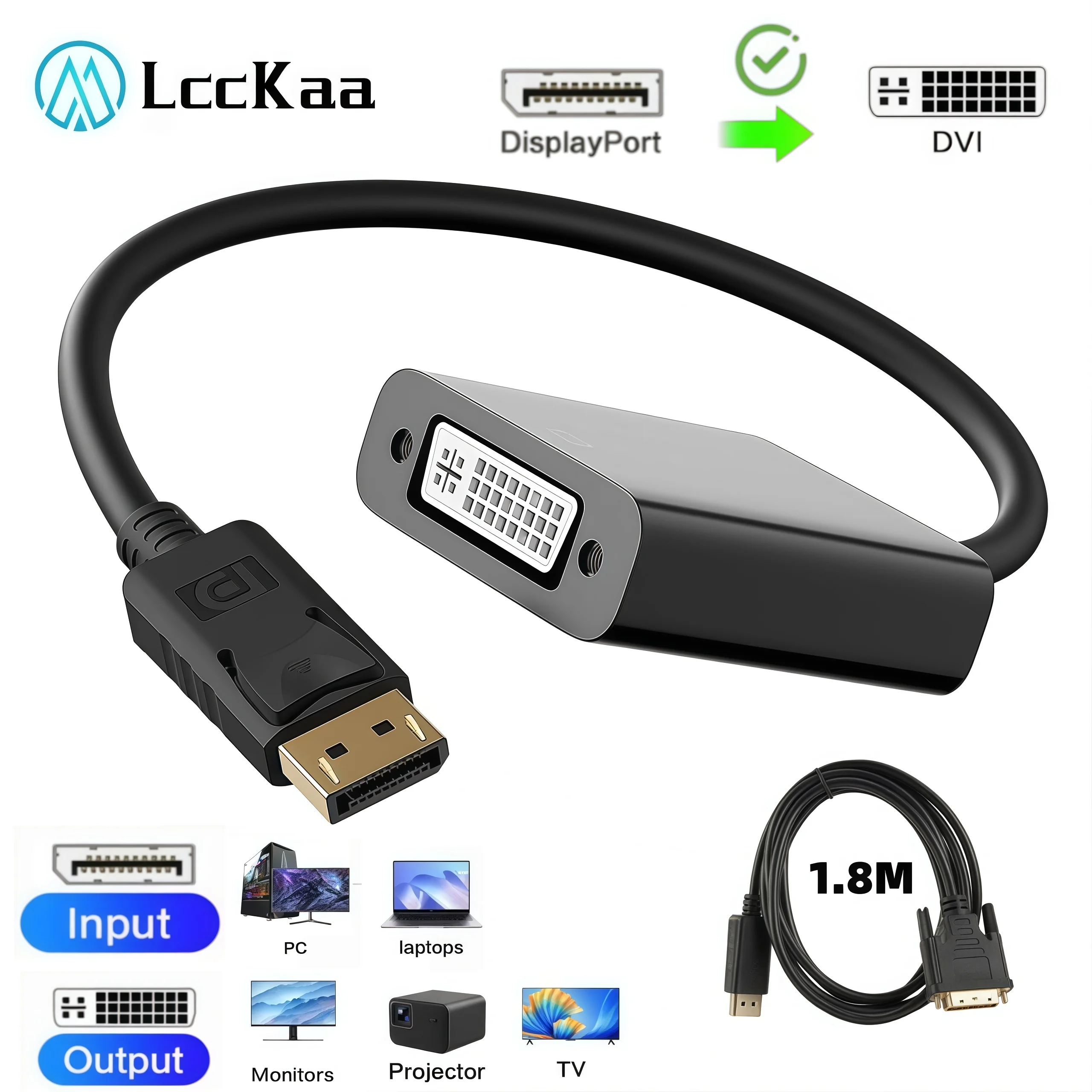 LccKaa DisplayPort Display Port DP to DVI Adapter Cable Male to Male Converter for PC Computer Laptop HDTV Monitor Projector
