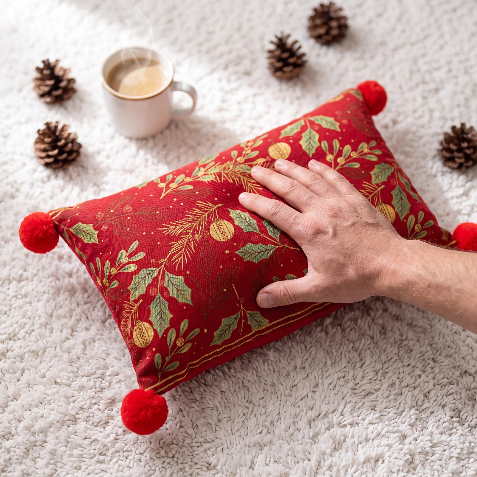 Weihnachtsroter Jacquard-Kissenbezug mit Cartoon-Elch- und Schneeflocken-Motiv, Plüsch-Sofadekoration, Kissenbezüge 45x45cm – Detail 4