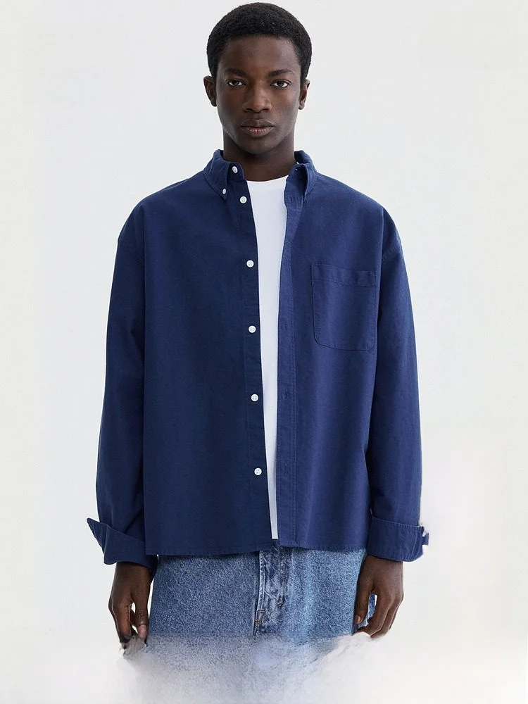 

H&M Men's Casual Oxford Shirt Summer 2026 Vacation Trendy Long Sleeve Cotton Standard Fit Pocket Button up Cardigan Style