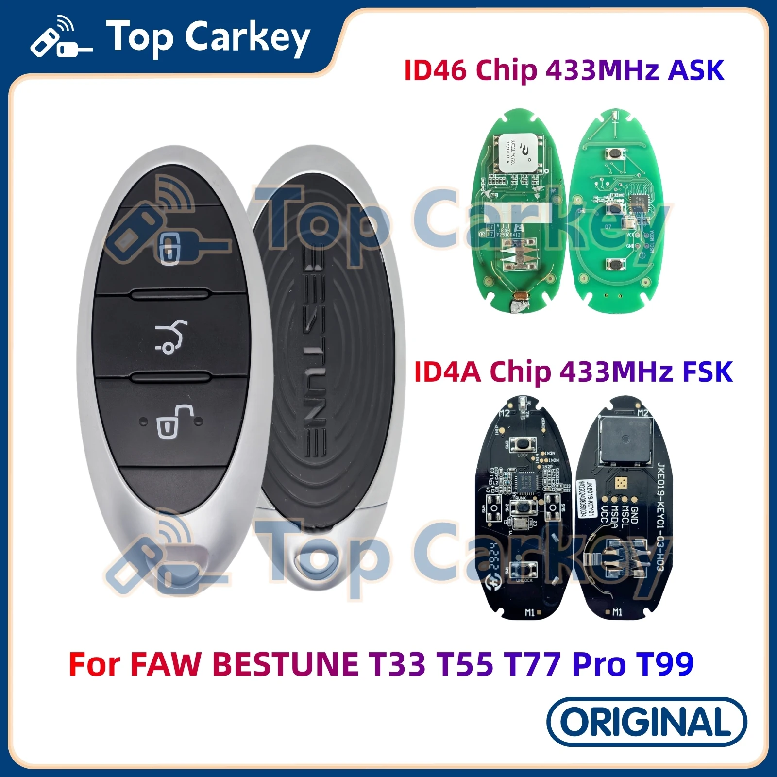 

Оригинальный OEM дистанционный брелок TopCarkey ID46/4A с чипом 433 МГц для FAW BESTUNE T33 T55 T77 Pro T99