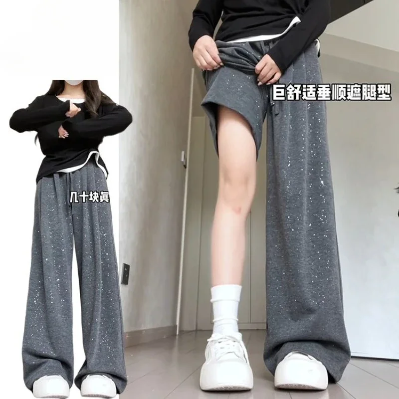 Korean Lazy Wind Soft Glutinous Casual Pants Women Spring Autumn 2024 New Drape Rice Trousers Flash Drill Design Wide-leg Pants