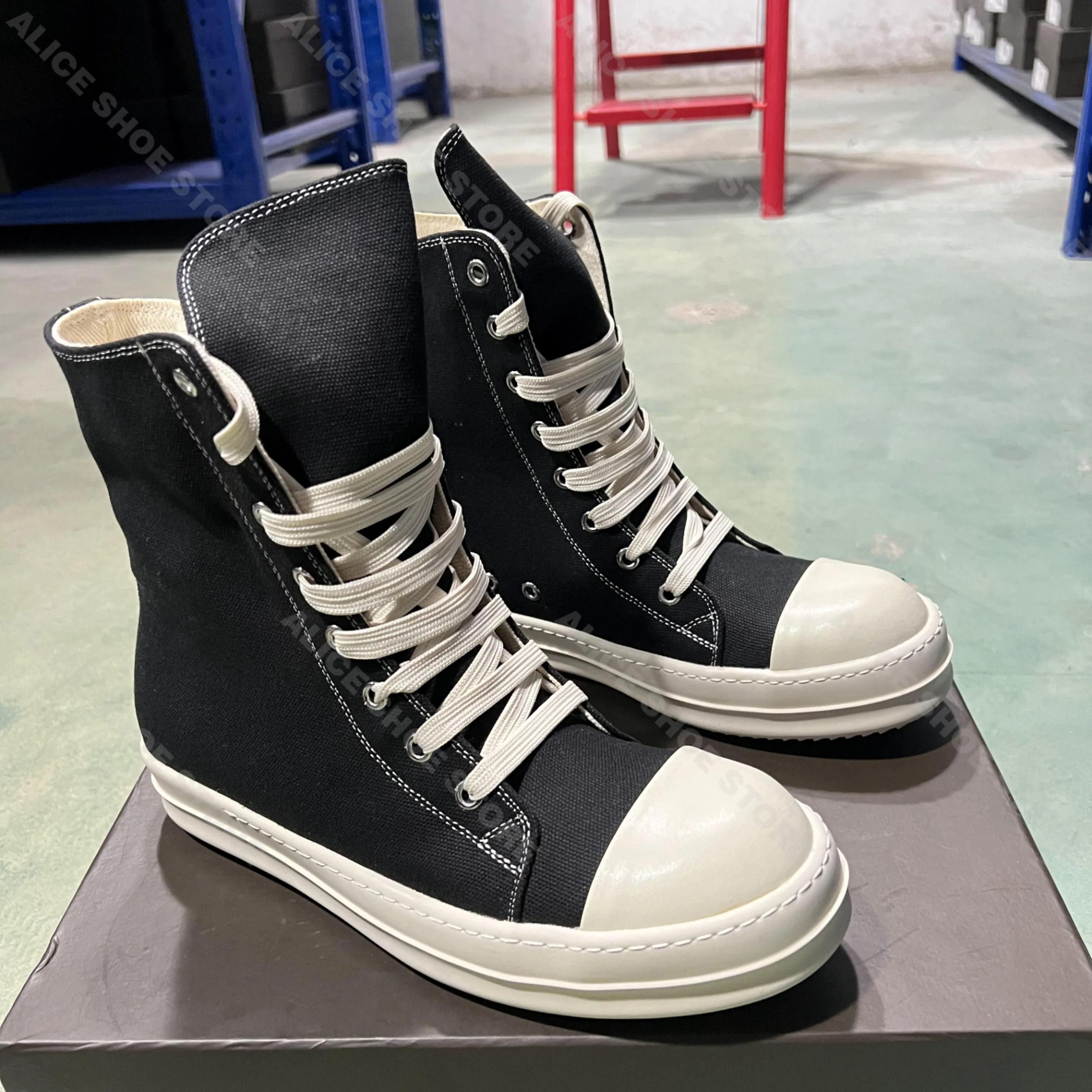 

Ricks Classic Women Sneaker Casual High Top Men Shoe Black Ankle Boot Designer Zip Lace Up owens Canvas Fringe Flat Shoe