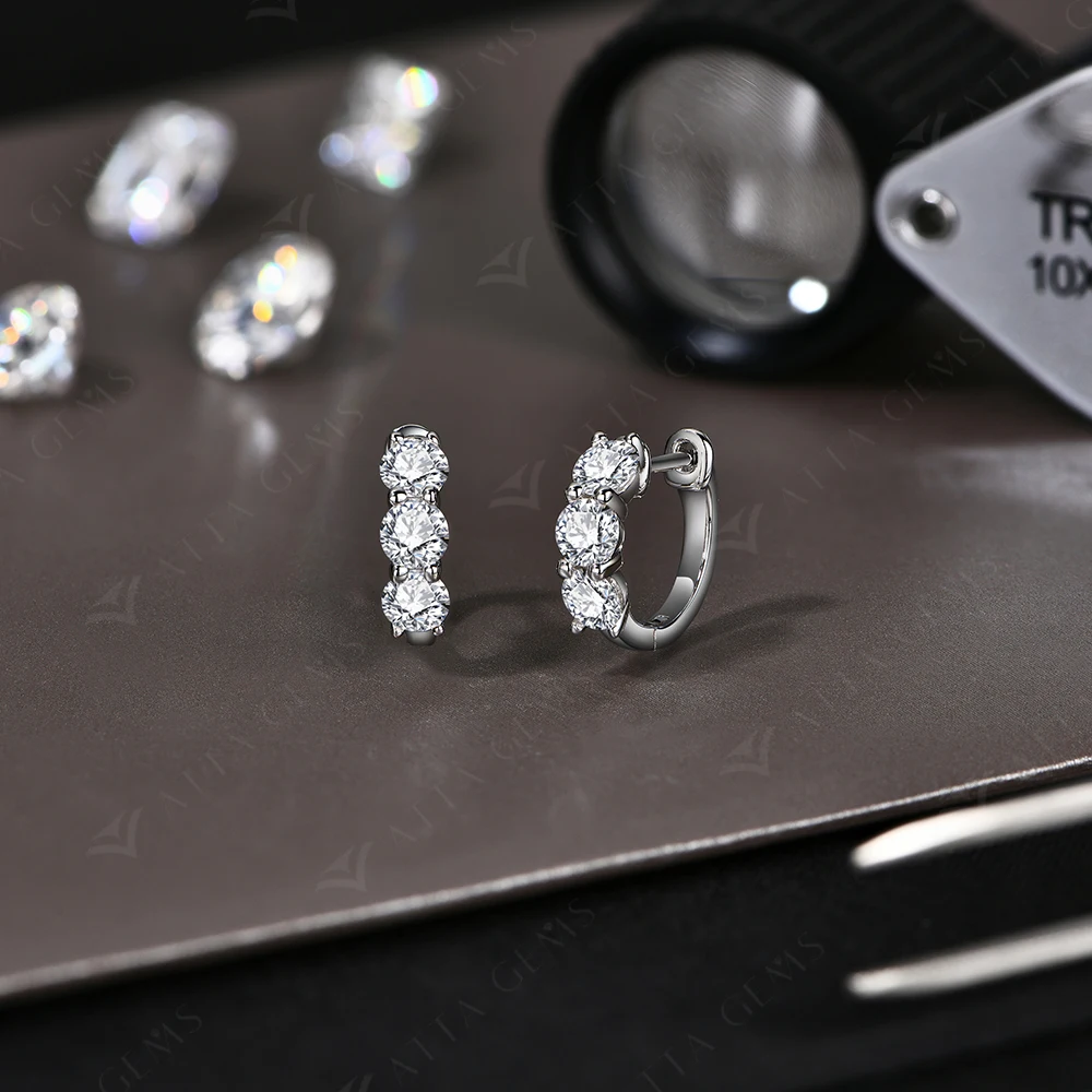 ATTAGEMS Three Moissanite Diamond Earrings for Women Round  Cut 1.8 CTW Hoop Earrings S925 Sterling Silver Wedding Daily Jewelry