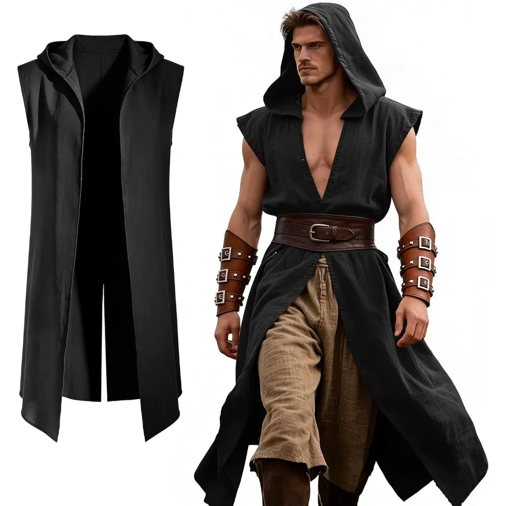 Disfraz Medieval para Hombre, Túnica sin Mangas con Capucha Vikinga, Capa de Disfraz Renacentista para Hombre, para Halloween, Cosplay de Asesino