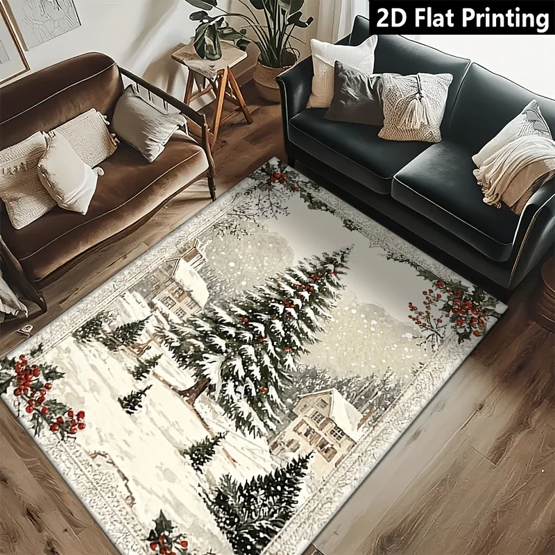 1pc Winter Snow Scene Area Rug, Soft Non-Slip Machine Washable, Red Green White Decor, for Living Room, Bedroom