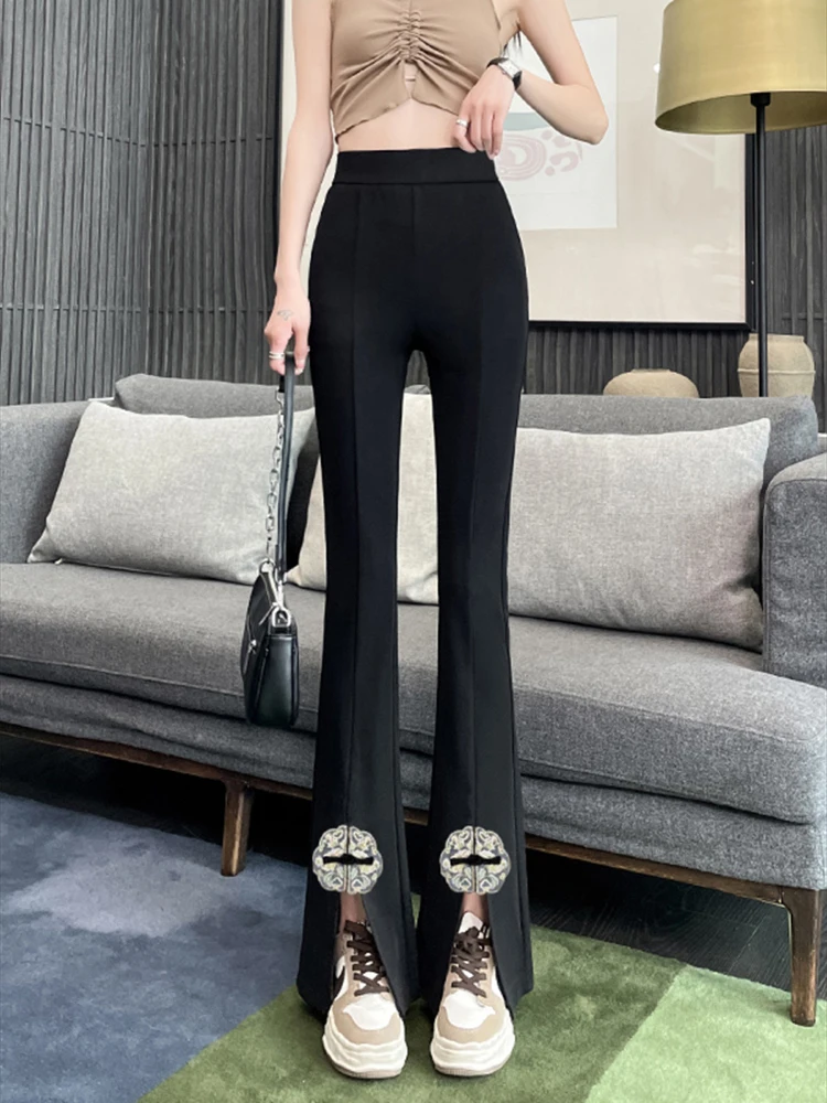 Slit Front Black Flare Pants for Women Korean Style Casual Office Lady Business Work Trousers High Waist Suit Pants