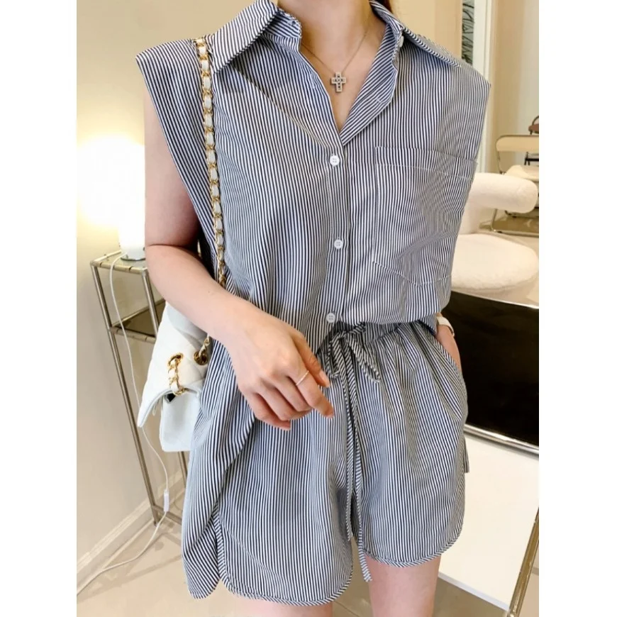 Summer Boyfriend Style Vest Shirt Set Women's Short Sleeve Casual Fashion Two-Piece Suit Polyester Fiber Summer Outfit