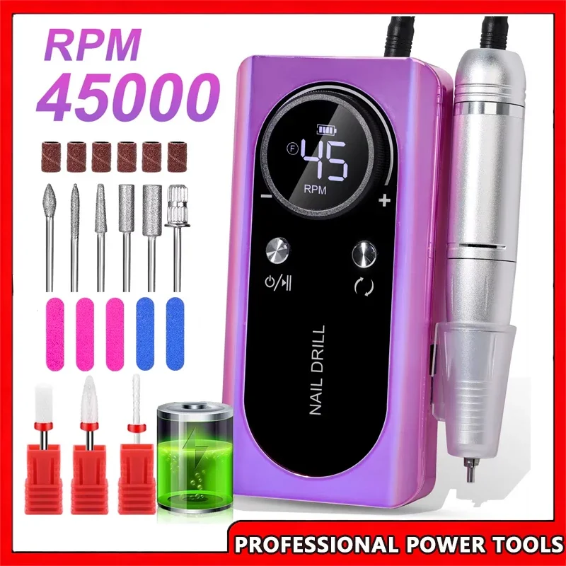

Rechargeable Electric Nail Drill Machine Kit 45000RPM Portable Nail Sander File for Gel Nails Manicure Salon Home Use