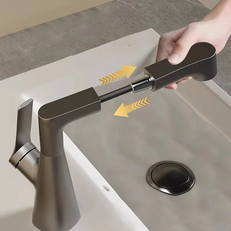 Modern Brass Grey Deck Mounted Single Handle Pull Out Spray Height Adjustable Basin Faucet Taps