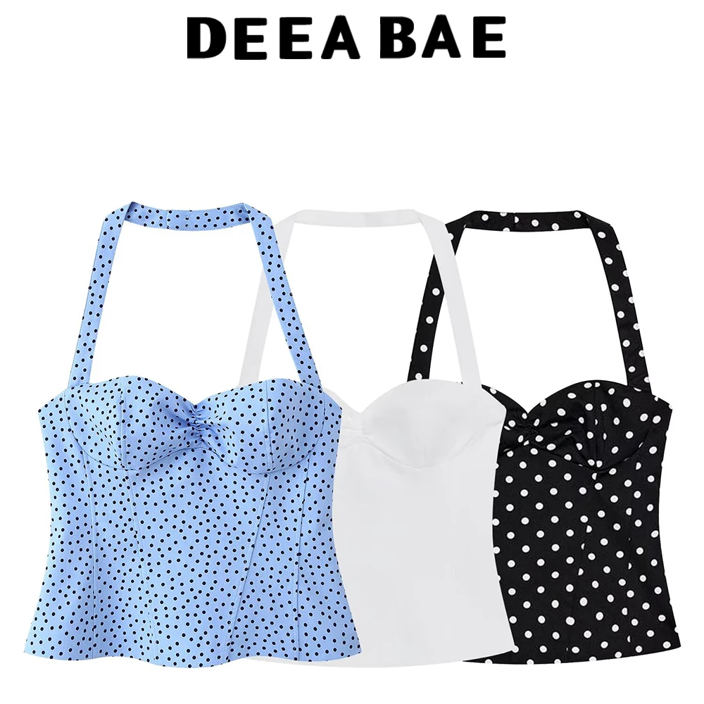DEEABAE 2026 Sommer Französischer Stil Neckholder-Top mit Polka Dots für Damen, schmal geschnitten und figurbetonend, mit Rüschenkante, sexy Oberteil