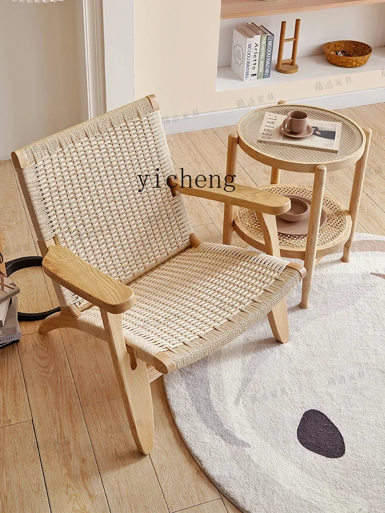 XL Leisure Sofa Chair Reading Solid Wood Japanese Living Room Rope Weaving Lazy Home Back Chair