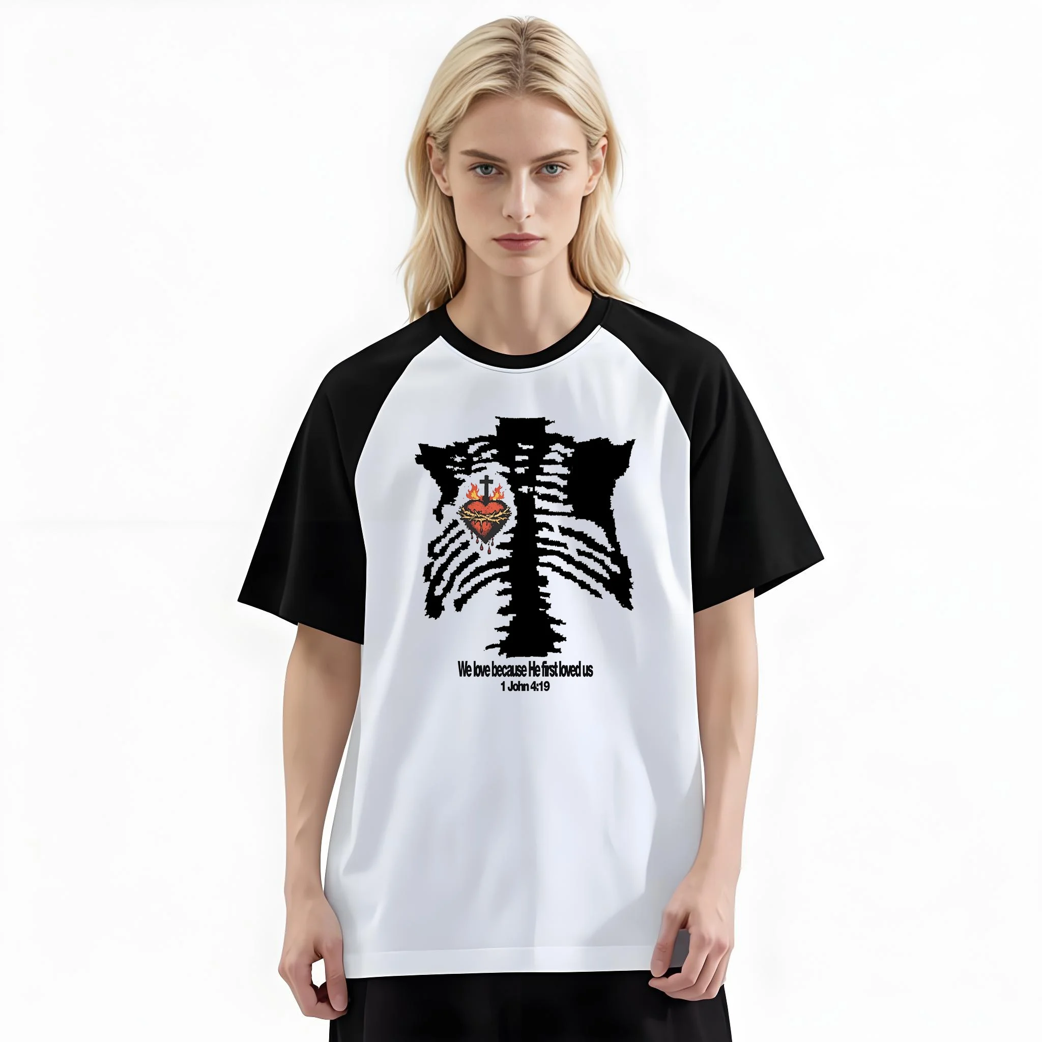 Women'S Fashion Raglan Sleeve T-Shirt, We Love Sacred Skeleton Heart Cross Printed, Summer Casual Comfortable Tee, Women'S Everyday Short-Sleeve Top
