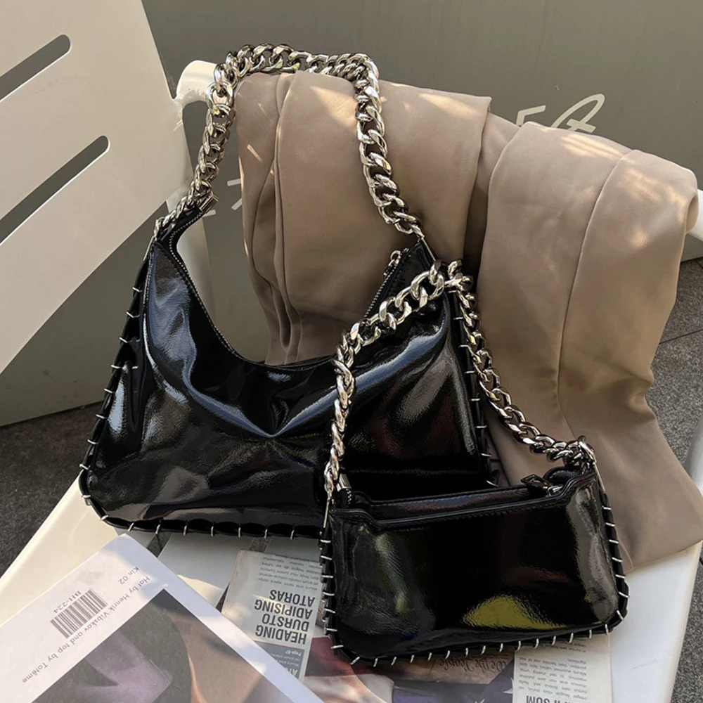 

Luxury Wide Chains Woman Shoulder Bag Patent Leather Handbags Sequined Crossbody Bags for Women Soft Hobo Cloud Tote Glossy Flap