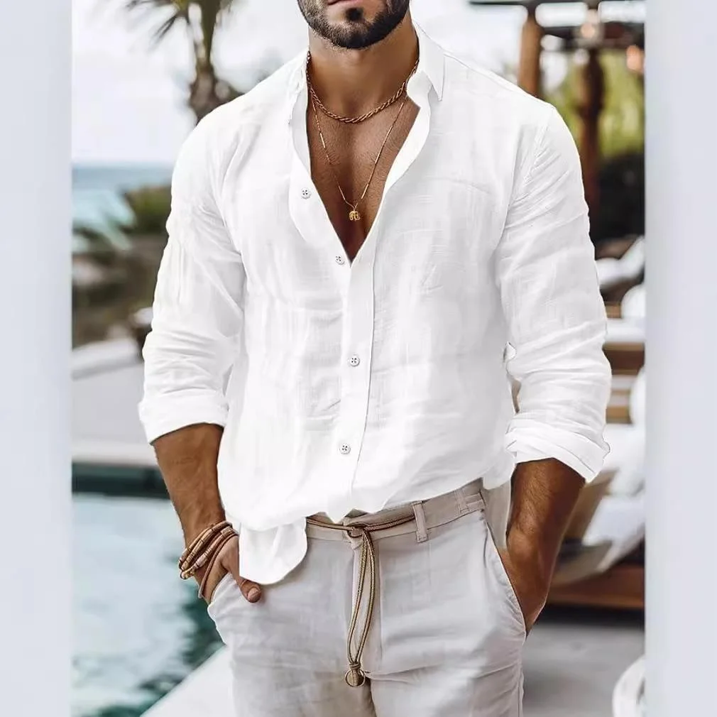 

Men's Cotton Linen Long Sve irt Summer Thiened Special Wide Fit Color Turn-Down Collar Casual irt