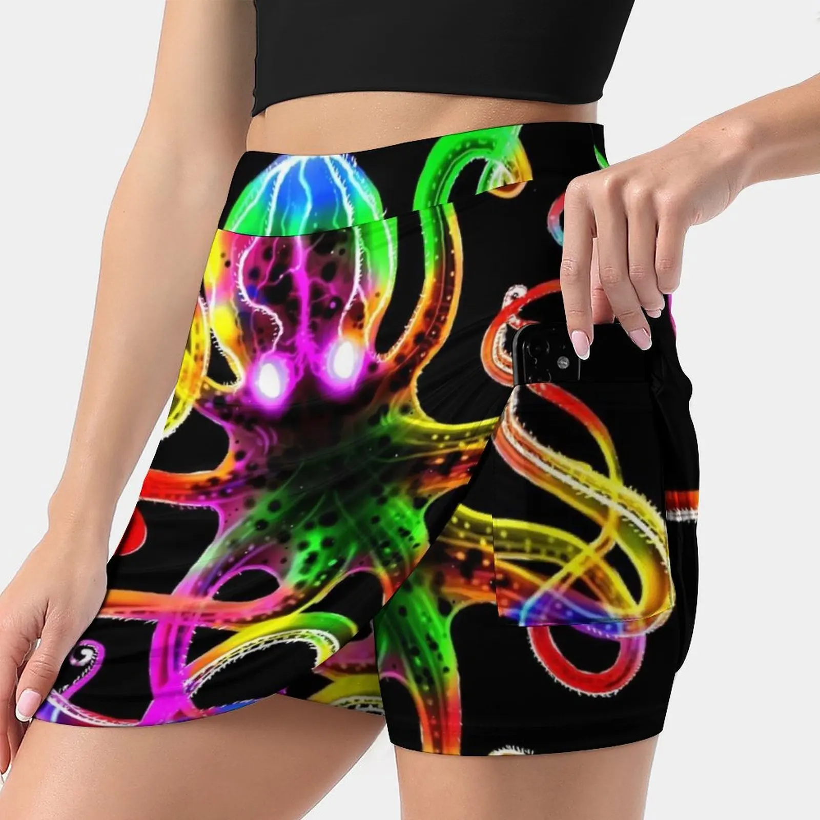 Rainbow Octopus Glow Women's skirt With Pocket Vintage Skirt Printing A Line Skirts Summer Clothes Tie Dye Electric Lightning