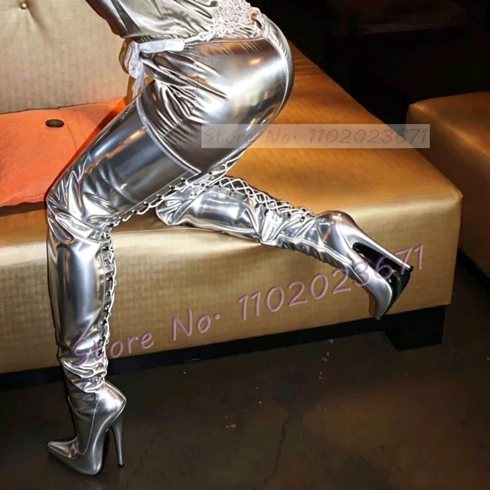 Silver Shiny Leather Crotch Boots Women Super High Heels Back Cutout Lace-up Shoes Ladies Metallic 16cm Pointy Party Sexy Boots
