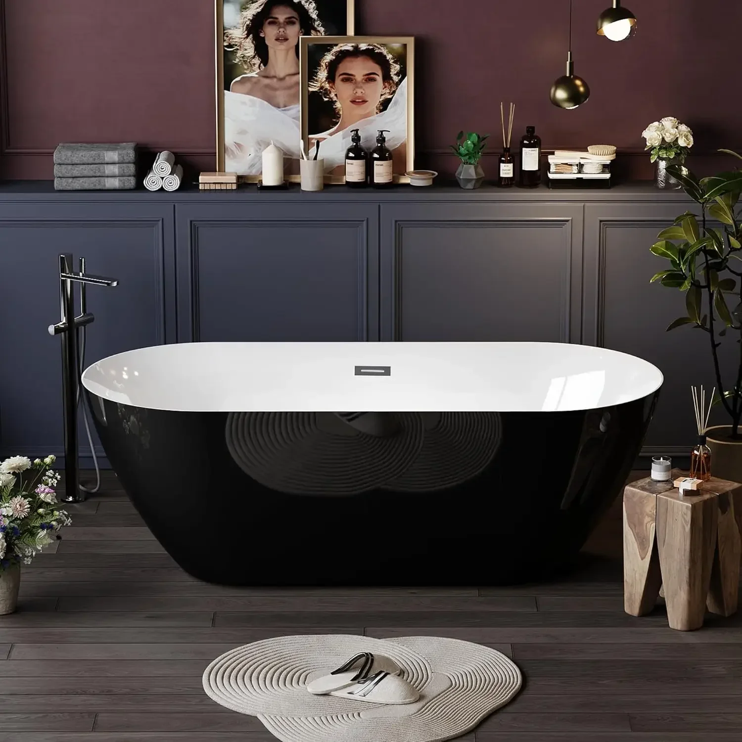 

59'' Acrylic Freestanding Bathtub, Soaking Bathtub with Deep Ergonomic Design Matte Drain Overflow, cUPC Certified, Double-Walle