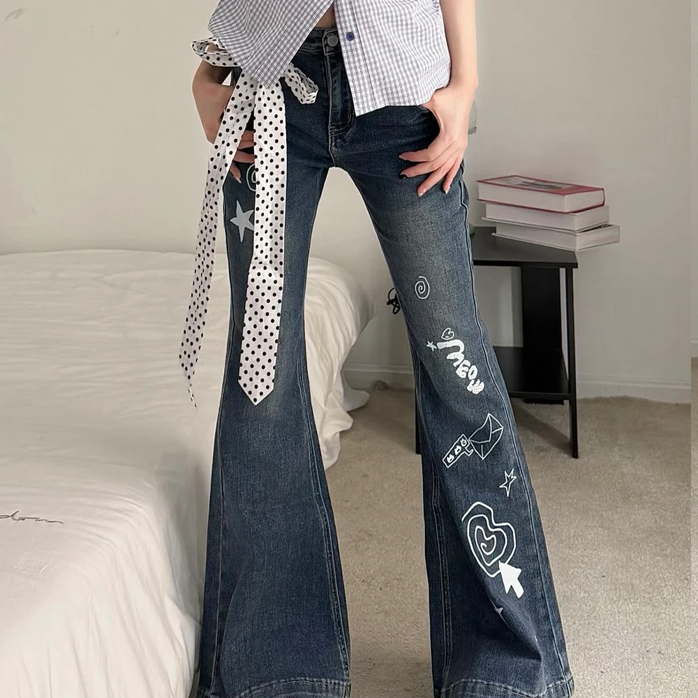 Summer Casual Slim Fit Graffiti Printed Lace Up Flared Jeans for Women, Summer Thin, Cute, Sweet Y2K Pants, Washed Natural Waist