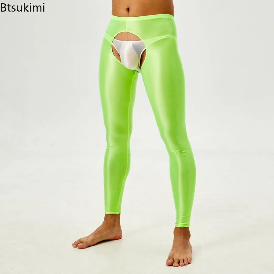 

2025 Men's Lingerie Fashion Shiny Tights Pants Glossy Open Crotch Leggings High Elastic Sexy Underwear Men Baselayer Yoga Pants