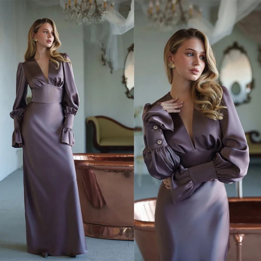 Customized Pueple Satin Long Sleeves Evening Dress Zipper Back Special Occasion Gowns Sexy Style Deep V-Neck Vestido De Festa