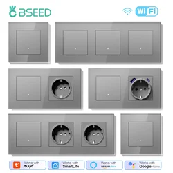 BSEED Wifi Mechanical Click Button Switches 1/2/3Gang Tuya Smart Life Google Alexa App With Normal EU Power Sockets Glass Frames