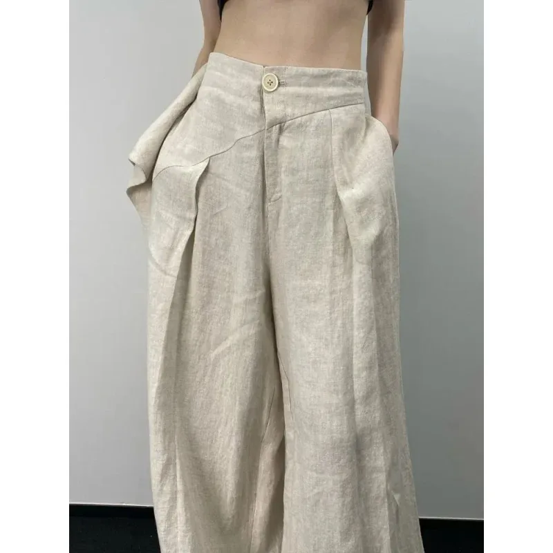 

Chic Fashion Women Casual Pleated Wide Leg Pants Linen Texture All Match Loose High Waist Trousers Mujer Pantalones