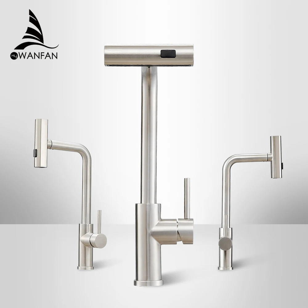 Nickel 304 Stainless Steel Pull-out Kitchen Faucet Waterfall Hot And Cold Mixed Water Sink Tap Multi-function Rinse Rotate 3668