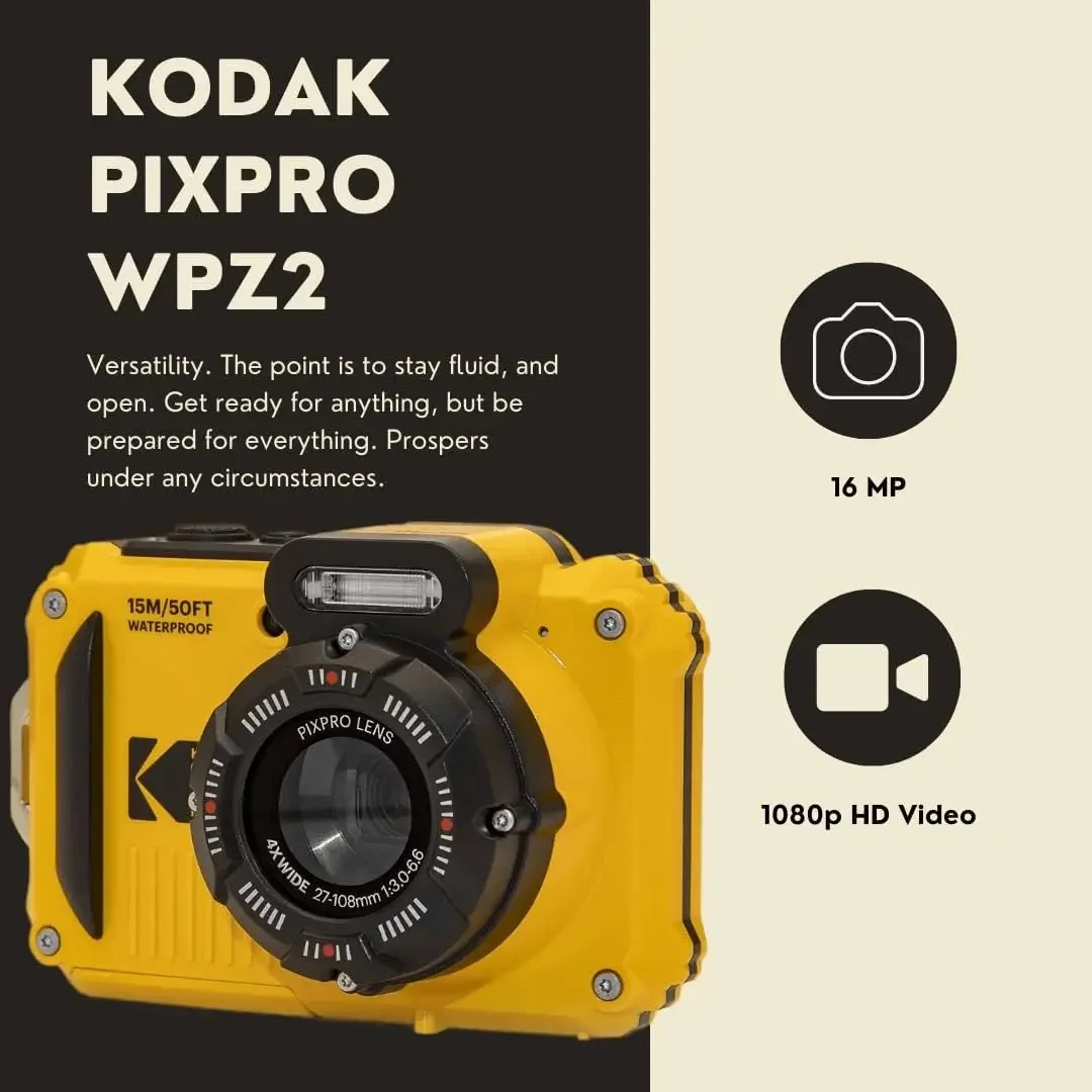 KODAK PIXPRO WPZ2 Rugged Waterproof Shockproof Dustproof WiFi Digital Camera 16MP 4X Optical Zoom 1080P Full HD Video